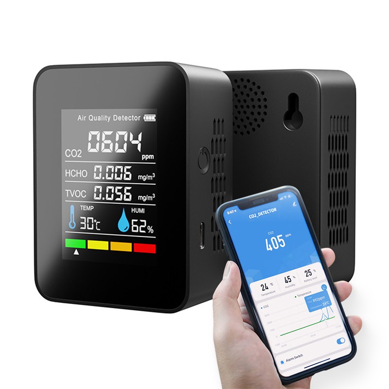 Smart home wifi 5in1 infrared carbon dioxide detector CO2 detector temperature and humidity sensor app control air quality monitoring instrument