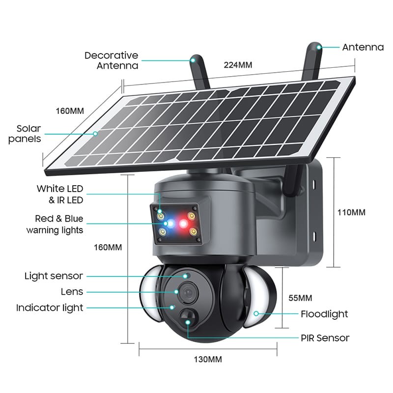 Solar Battery Powered Floodlight IP Camera Outdoor IP65 Waterproof PTZ Camera Low Power Consumption Security IP Camera