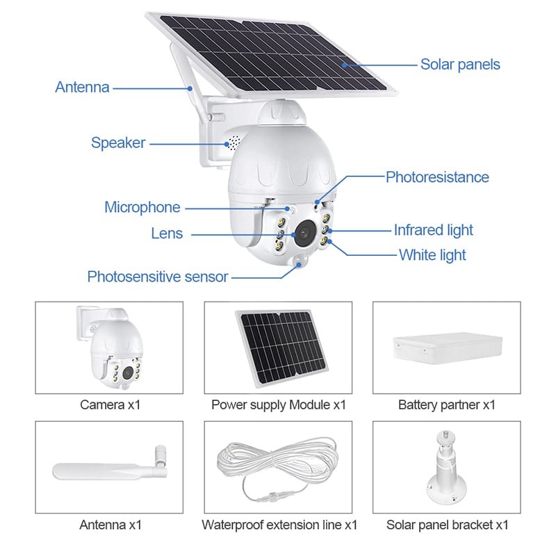 Wireless CCTV Security Outdoor Waterproof Metal IP Camera Solar Battery WiFi Camera Auto Tracking Floodlight PTZ Camera